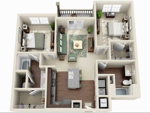 Floor plan for 2 beds, 2 baths, 1041 sqft